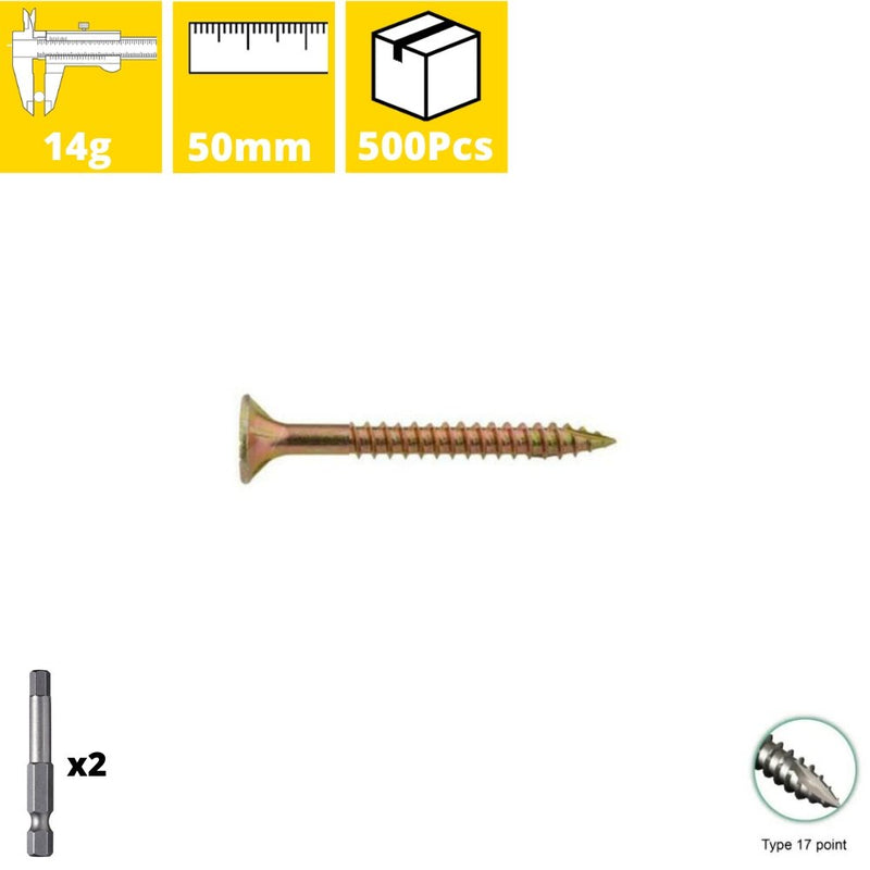 Spencer Western 14gx50mm Bugle Batten Hex Head Zinc Plated Screws 500Pcs/box + 2 Drive Bits - Tool Market