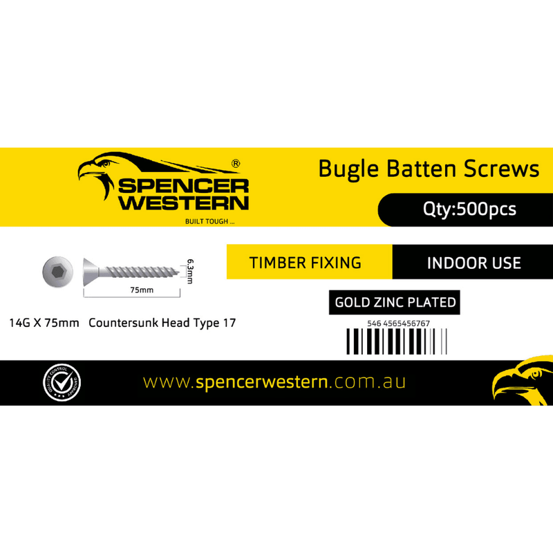 Spencer Western 14gx75mm Bugle Batten Hex Head Zinc Plated Screws 500Pcs/box + 2 Drive Bits - Tool Market